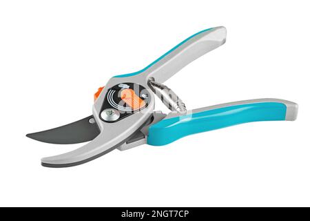Garden secateurs. Pruning shears  for cutting branches  isolated on white background. Garden tool. File contains clipping path. Full depth of field. Stock Photo