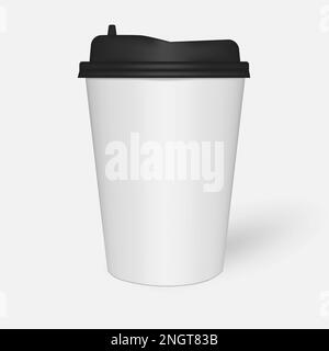 Disposable to go white paper coffee cup with black plastic lid, mock-up. Travel mug for hot and cold drinks, mockup. Vector template Stock Vector