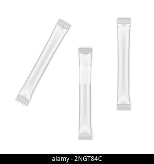 Sugar stick packets, mock-up. White blank individual package for bulk food products as coffee, salt, spices, etc, mockup Stock Vector