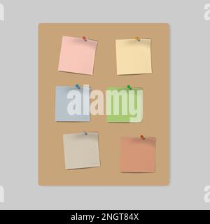 Colored note paper sheet with push pin on kraft board, mock-up set. Memo sticker, reminder - mockup Stock Vector