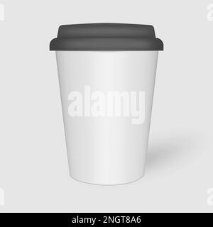 White paper coffee cup with black plastic lid, mock-up. Travel mug for hot and cold drinks, mockup. Vector template Stock Vector