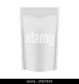 Blank vacuum stand up pouch with zipper isolated on white background, vector mockup. Food storage bag with zip lock closure and tear notches on top Stock Vector