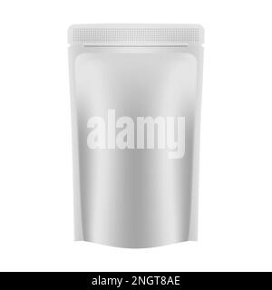 Blank vacuum stand up pouch isolated on white background, realistic vector mockup. Food storage bag with tear notches on top, template Stock Vector