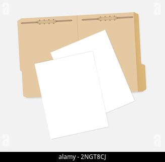 Open tabbed kraft file folder with interior document holder and sheets of paper, vector mock-up Stock Vector