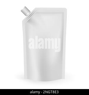 Spouted pouch isolated on white background, realistic vector mockup. Blank stand up food bag with screw cap, template Stock Vector