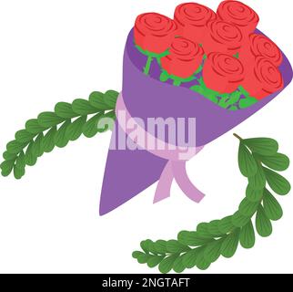 Festive bouquet icon isometric vector. Big bouquet of red rose and green branch. Celebration, congratulation Stock Vector