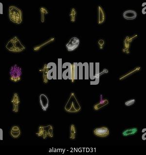 Stone age icons set. Isometric set of stone age vector icons neon color on black Stock Vector