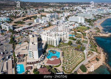 Aerial drone view of Protaras resort in Famagusta District, Cyprus island country Stock Photo