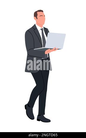Business man character walking and holding laptop. Stock Vector