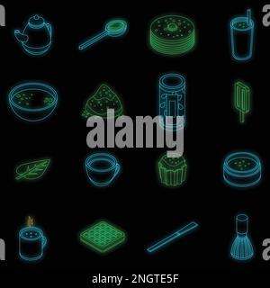 Matcha tea icons set. Isometric set of matcha tea vector icons neon color on black Stock Vector