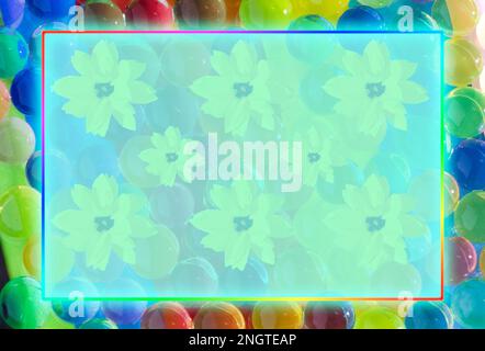 vivid colorful abstract background with 3d balls with color reflection, transparent frame in the middle with glow as copy space, flowers in the frame, Stock Photo