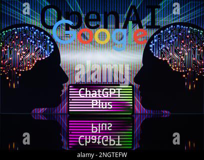 Google - OpenAI  displayed on screen with ChatGPT on mobile seen in this photo illustration. On 19 February 2023 in Brussels, Belgium. Stock Photo