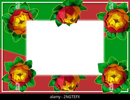 colorful craft water lily flowers on green-red background, in the middle white card as copy space, creative cheerful design Stock Photo