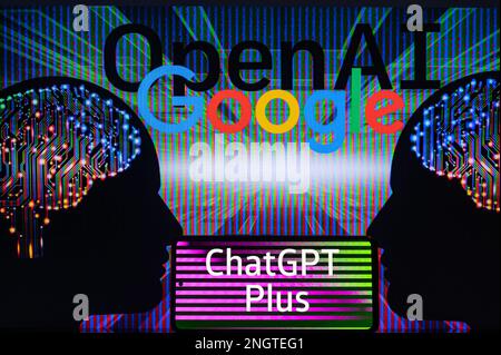 Google - OpenAI  displayed on screen with ChatGPT on mobile seen in this photo illustration. On 19 February 2023 in Brussels, Belgium. Stock Photo