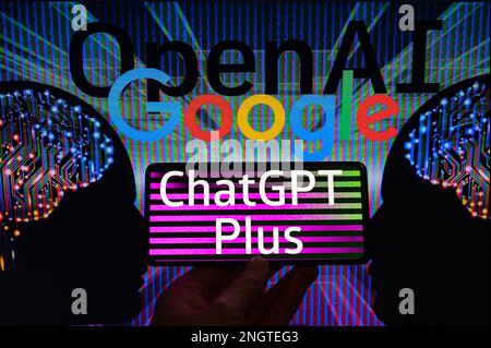 Google - OpenAI  displayed on screen with ChatGPT on mobile seen in this photo illustration. On 19 February 2023 in Brussels, Belgium. Stock Photo