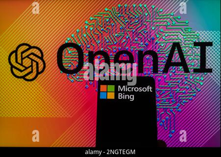 OpenAI  displayed on screen with Microsoft Bing on mobile seen in this photo illustration. On 19 February 2023 in Brussels, Belgium. Stock Photo