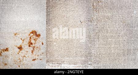 Collection of images with old stained white cloth book cover textures background. Close up of the ancient book. Stock Photo