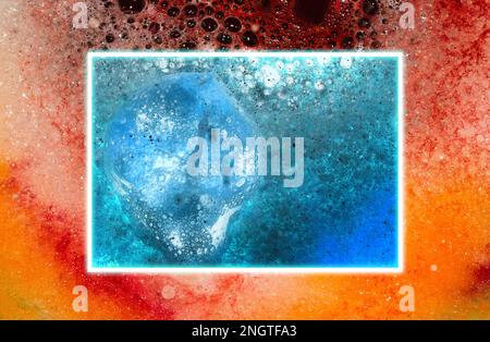 liquid with colorful foam and frame as copy space, creative abstract art background Stock Photo