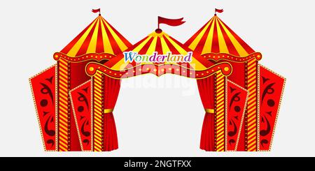 Envelop the stage area with all event tent designs. A large top with visitors opening a red curtain is a fun sign for a separate festive feast. Stock Vector