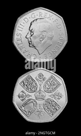 The new 50 pence coin featuring the first coin portrait of King Charles III by Martin Jennings. The reverse side features the 1953 Coronation Crown Stock Photo