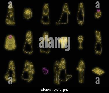 Bride icons set. Isometric set of bride vector icons neon color on black Stock Vector