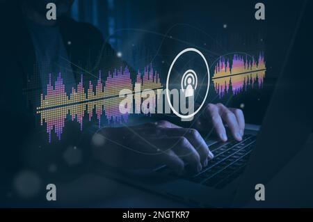 Sound engineer works on audio files for online podcast.  Streaming, listening sharing music, concept Stock Photo