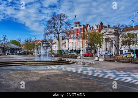 Lord Street, Southport, Merseyside, England, with the Diana Princess of Wales Memorial Fountain in the foreground. Stock Photo