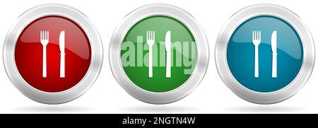 Eat vector icon set. Red, blue and green silver metallic web buttons with chrome border Stock Vector