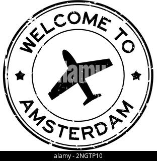 Grunge black welcome to amsterdam with airplane icon round rubber seal stamp on white background Stock Vector