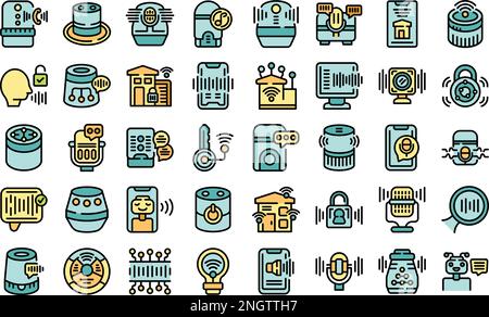 Smart assistant icons set outline vector. Smart voice. Digital music color flat on white Stock Vector