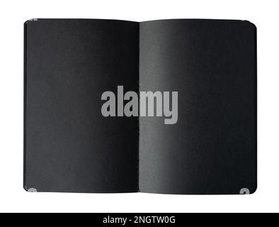 top view closeup of open notebook with black empty pages isolated on white Stock Photo