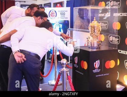 Colombo, Western Province, Sri Lanka. 19th Feb, 2023. The Webb Ellis Cup will be shown to the public at Ceylonese Rugby & Football Club in Colombo. (Credit Image: © Saman Abesiriwardana/Pacific Press via ZUMA Press Wire) EDITORIAL USAGE ONLY! Not for Commercial USAGE! Stock Photo