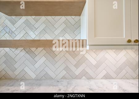 Kitchen Counter, Backsplash, Shelves and Cabinetry Stock Photo