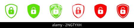 Set of red and green shield Lock and Unlock Icon. Symbol padlock. Protection concept. Vector Illustration. Stock Vector