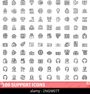 100 support icons set. Outline illustration of 100 support icons vector set isolated on white background Stock Vector