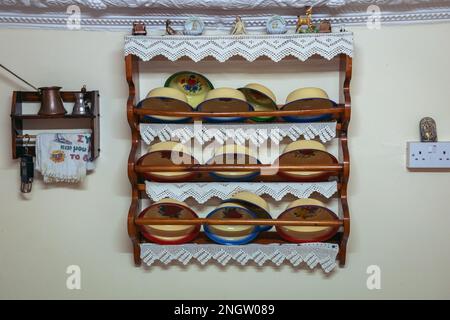 Kitchen bowls in Sofia And Andreas Traditional House in Letymbou village in Paphos District of Cyprus island country Stock Photo