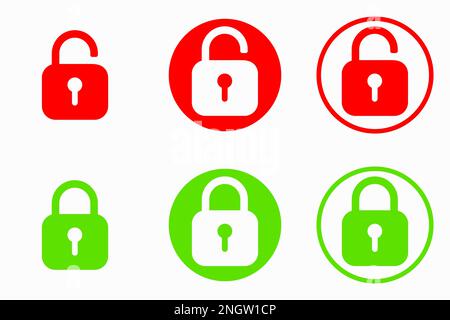 Set of padlock icon, lock and unlock icons. Safety protect symbols. Close and open lock padlock symbols. Red and green sign of locked and unlocked pad Stock Vector