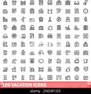 100 vacation icons set. Outline illustration of 100 vacation icons vector set isolated on white background Stock Vector