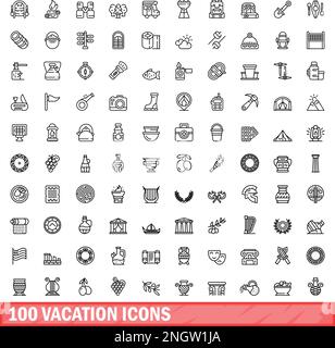 100 vacation icons set. Outline illustration of 100 vacation icons vector set isolated on white background Stock Vector