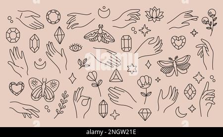 Set of line art mystical esoteric black crescent moon and stars ...