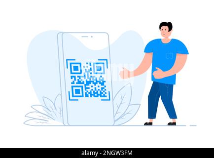 A man stands near the smartphone, on the screen QR code with scan me icon Stock Vector