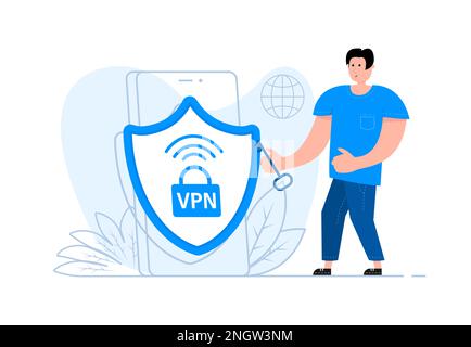 A man stands near the smartphone, on the screen VPN icon. Virtual Private Network. Stock Vector