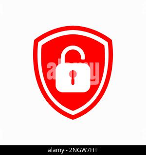 Icon or symbol of a shield with a opened red padlock. Sign unlock on a white background. Safety protect concept. Vector illustration. Stock Vector