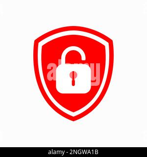 Icon or symbol of a shield with a opened red padlock. Sign unlock on a white background. Safety protect concept. Vector illustration. Stock Vector