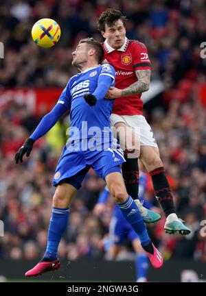 Manchester, UK. 19th Feb, 2023. Victor Lindelof of Manchester United challenges Jamie Vardy of Leicester City during the Premier League match at Old Trafford, Manchester. Picture credit should read: Andrew Yates/Sportimage Credit: Sportimage/Alamy Live News Stock Photo