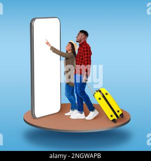 Stylish couple tourists using big phone with blank screen, collage Stock Photo
