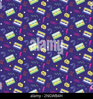 Pattern with retro cassettes. 90s style. Vector on a dark background with abstract shapes. For covers and brochures, flyers and posters, clothes and o Stock Vector