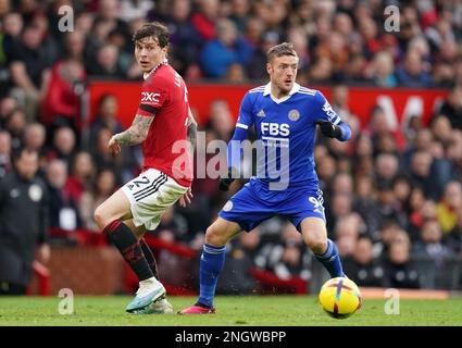 Manchester United's Victor Lindelof (left) and Leicester City's Jamie Vardy battle for the ball during the Premier League match at Old Trafford Stadium, Manchester. Picture date: Sunday February 19, 2023. Stock Photo