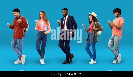 Collage With Diverse Multiethnic People Communicating Online On Smartphones Over Blue Background Stock Photo