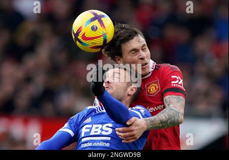 Manchester, UK. 19th Feb, 2023. Victor Lindelof of Manchester United challenges Jamie Vardy of Leicester City during the Premier League match at Old Trafford, Manchester. Picture credit should read: Andrew Yates/Sportimage Credit: Sportimage/Alamy Live News Stock Photo